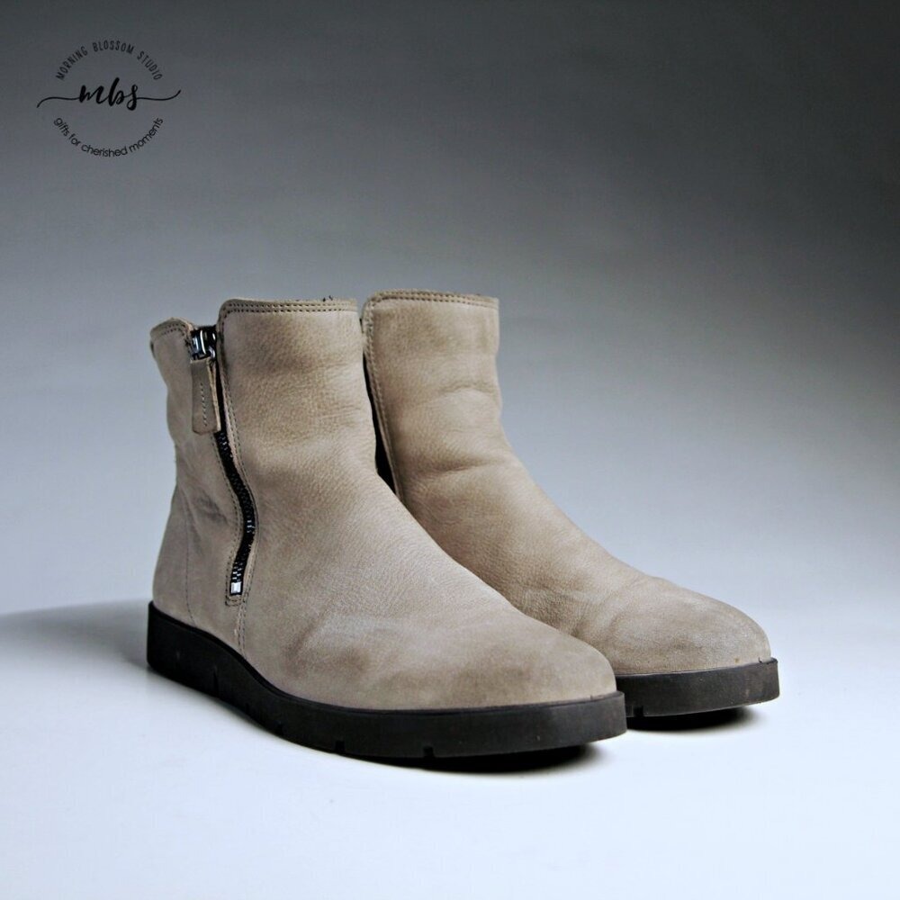Ecco Bella Ankle Nubuck Leather Dual Side Zip Ankle Boots Taupe Women EU‎ 41